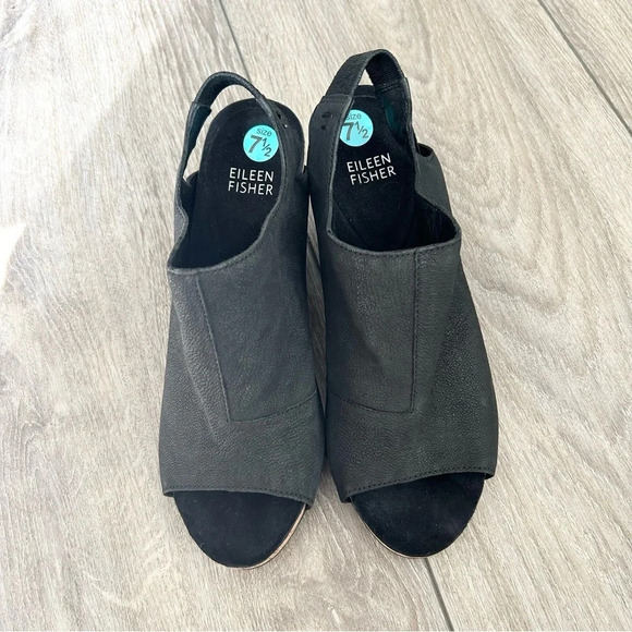 Eileen Fisher Black Pebbled Leather Open Toe Slingback Ankle Bootie - Picture 3 of 14